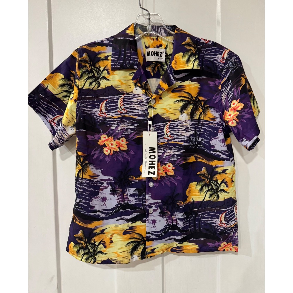 Mohez Kids Tropical Sunset Hawaiian Shirt Purple Yellow Size 9-10Y NWT